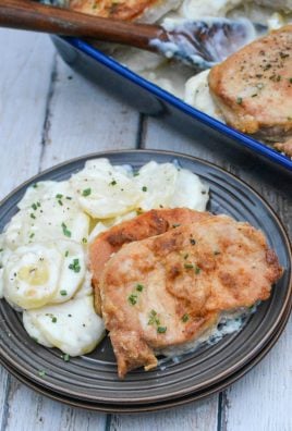 a single serving of farmer's pork chops and potatoes shown on a brown plate