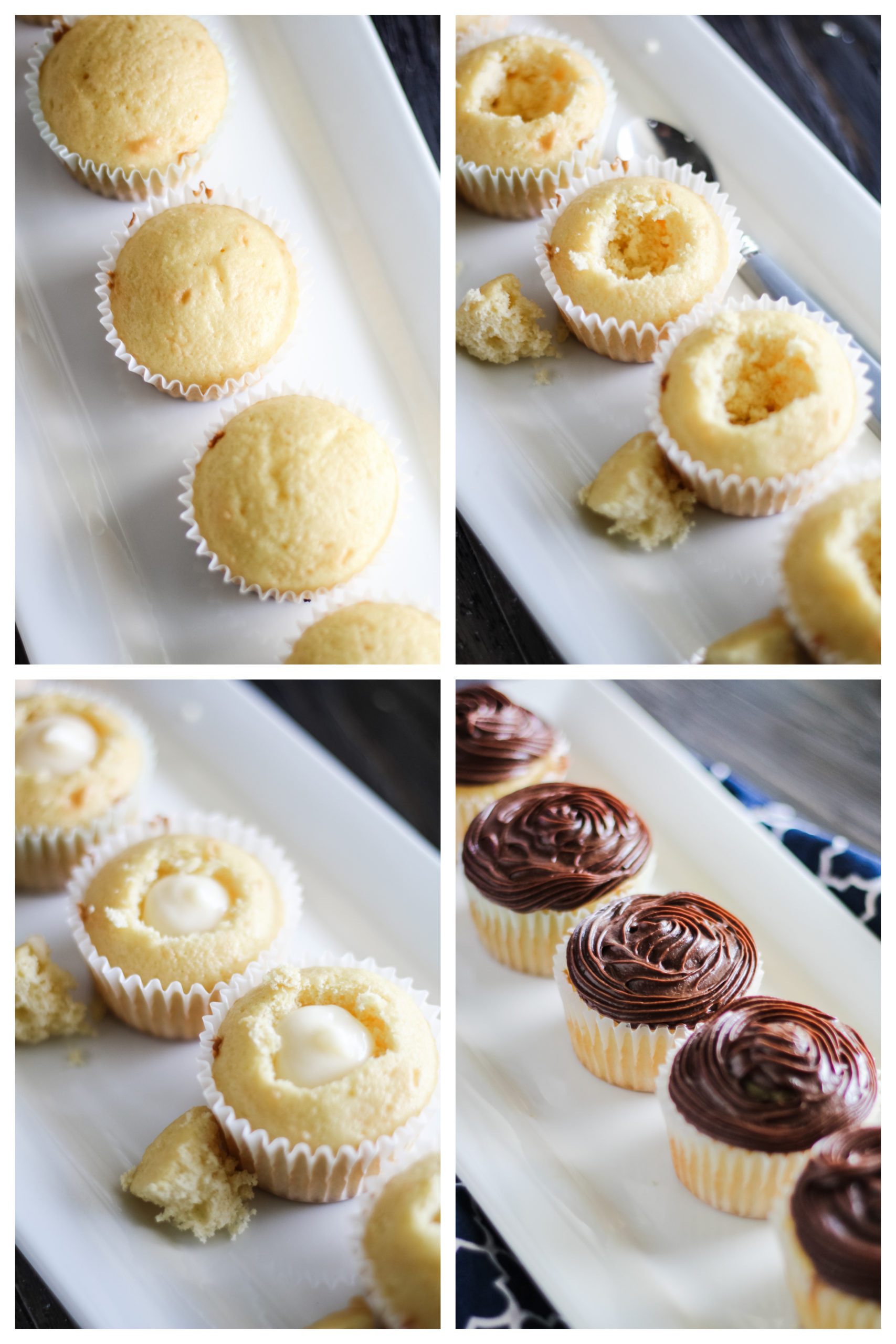 a four image collage showing the steps for creating a cavity and adding the filling and frosting to boston cream pie cupcakes