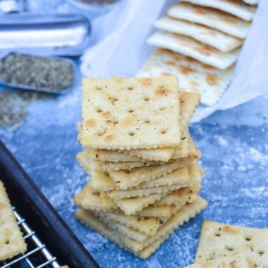 a stack of savory Italian seasoned saltine crackers shown in the center or a blue counter with all of the ingredients staged evenly around them