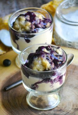 blueberry dumpling skillet served over vanilla ice cream in clear glass bowls