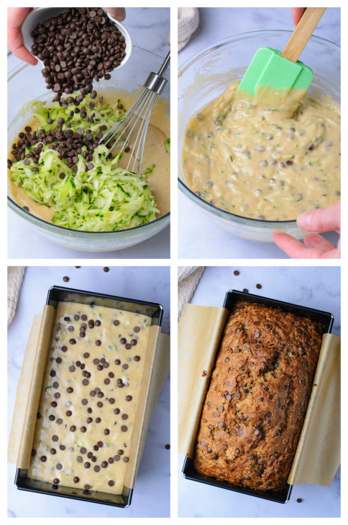 a four image collage showing the steps to make a loaf of chocolate chip zucchini bread