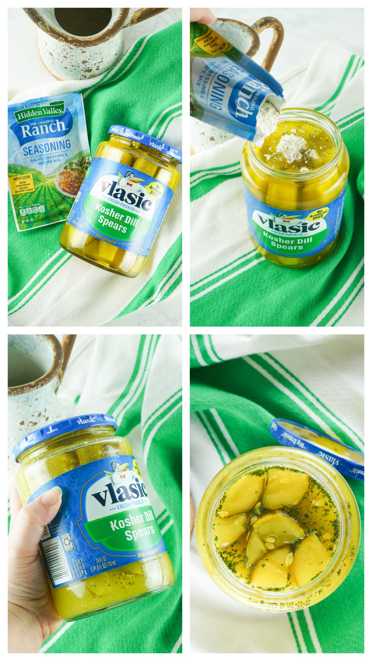 a four image collage showing how to make viral TikTok ranch pickles