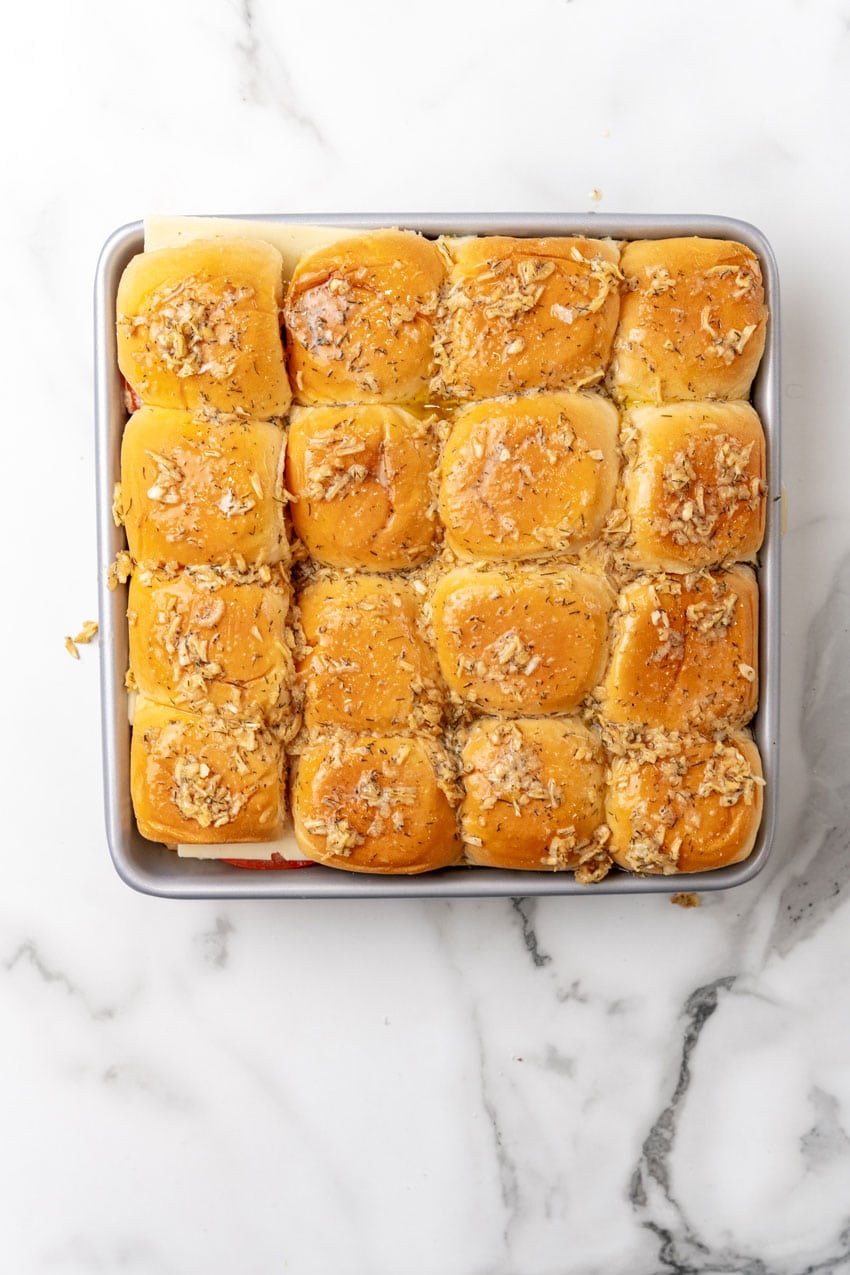 tuna melt sliders in a square metal baking dish