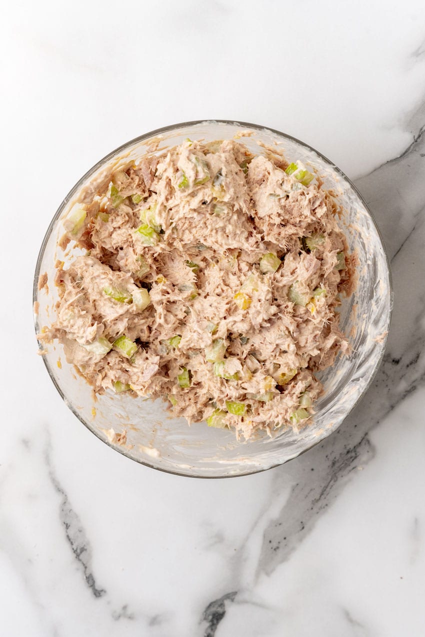 tuna salad in a glass mixing bowl
