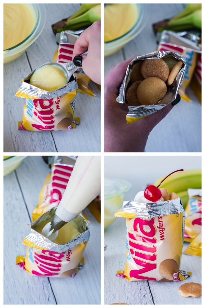 a four image collage showing the stages of creating a banana cream pie walking dessert in a bag