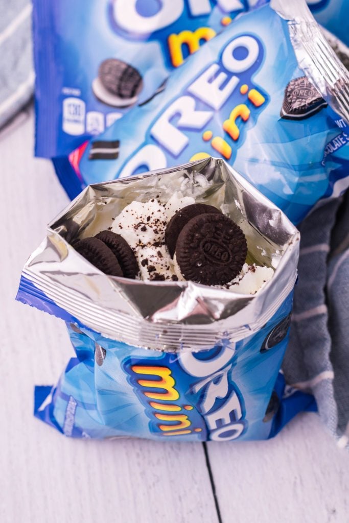 mini oreo cookie snack bag opened & stuffed and shown as a walking dessert