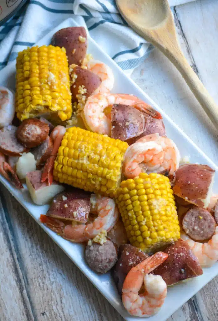 instant pot seafood boil on a white platter