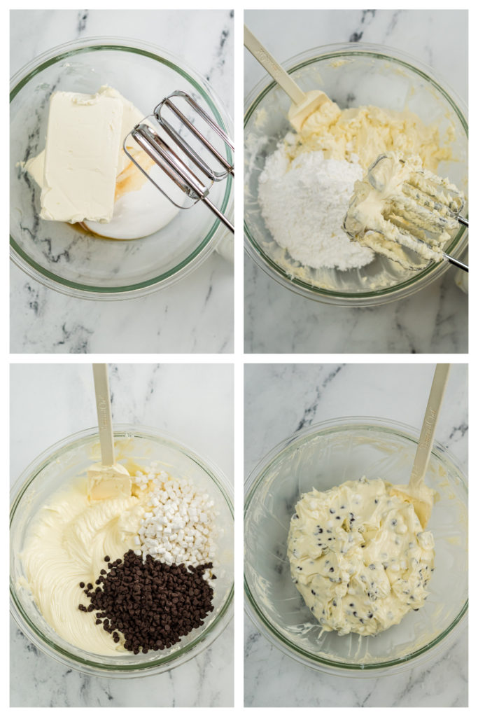 a four image collage showing the steps to whip together the cream cheese base for a dessert cheese ball