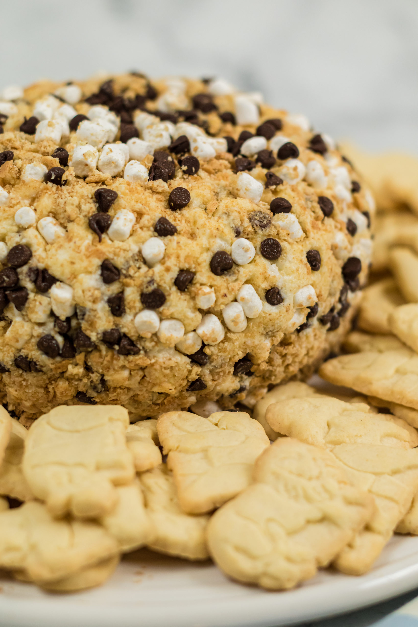 a s'mores cheese ball shown surrounded by animal crackers on a white plate