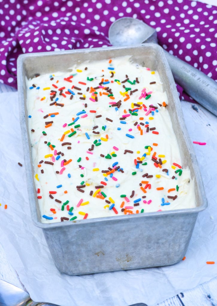 no churn birthday cake ice cream in a metal loaf pan