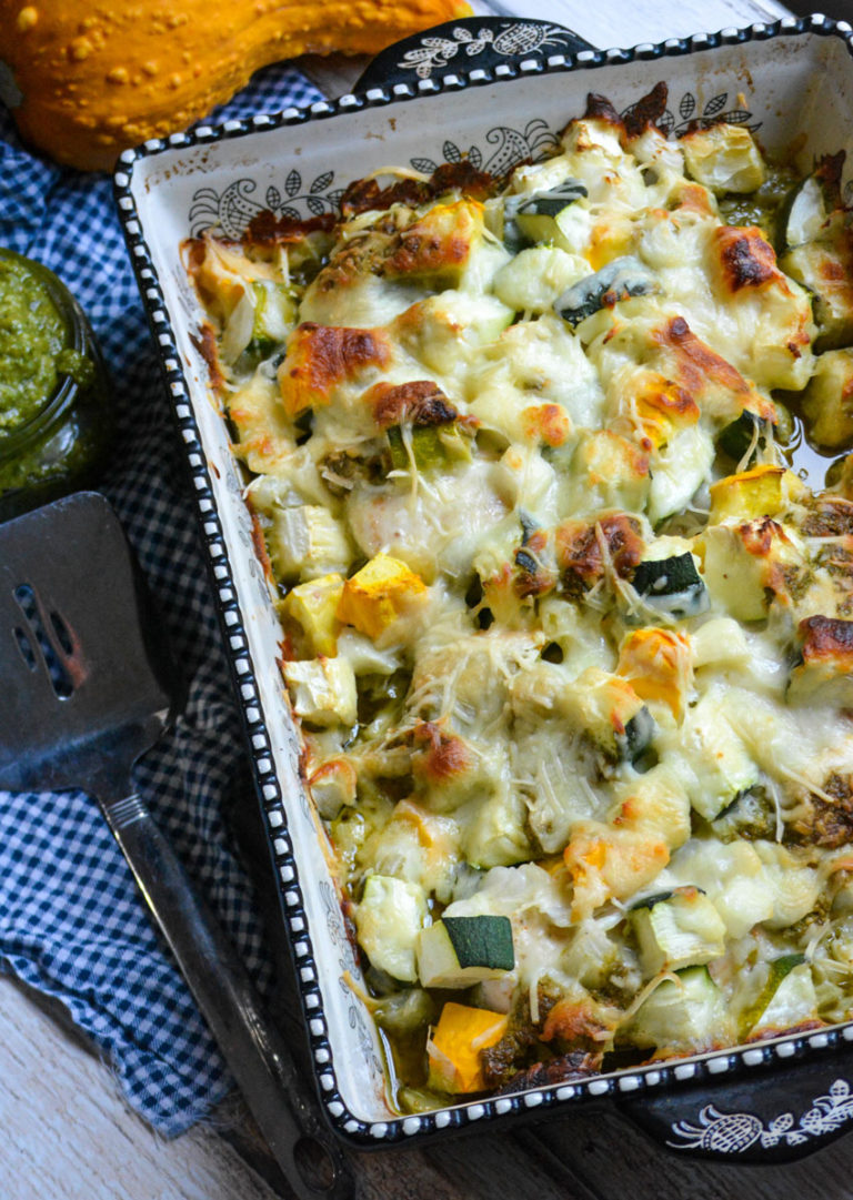 Cheesy Chicken Pesto Squash Bake - 4 Sons 'R' Us