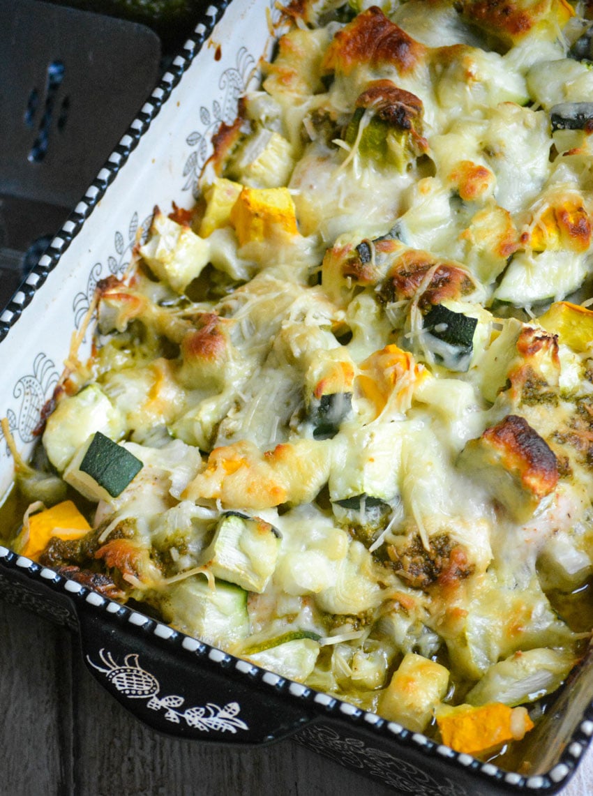 Cheesy Chicken Pesto Squash Bake - 4 Sons 'R' Us