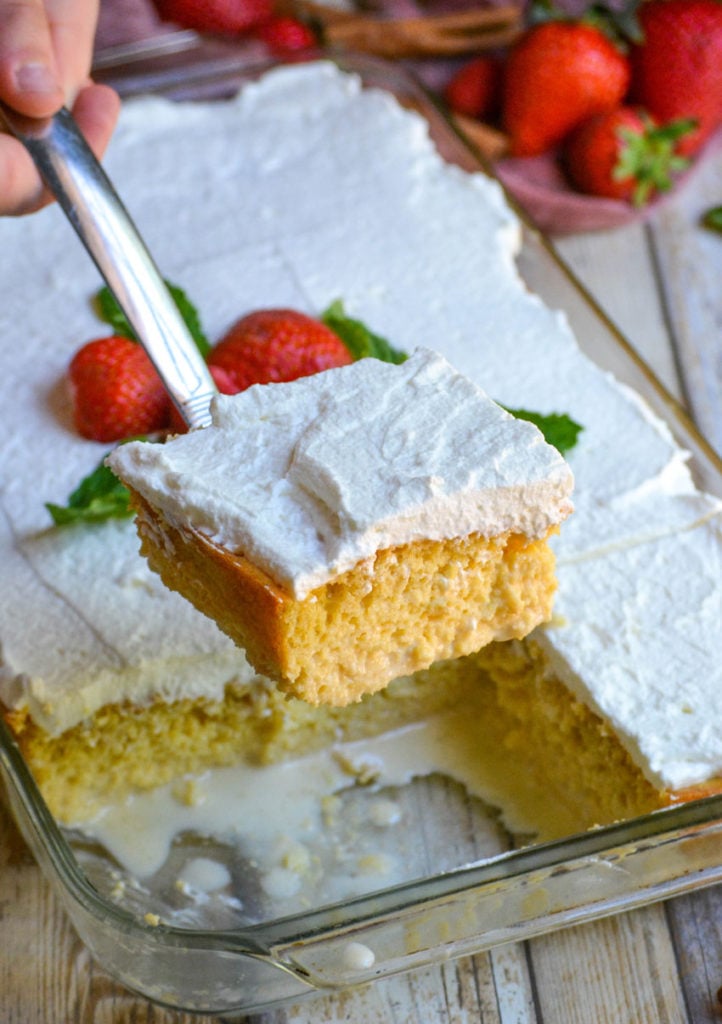 a silver spatula shown holding up a slice of tres leches cake