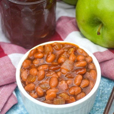 apple butter baked beans in a white ramekin