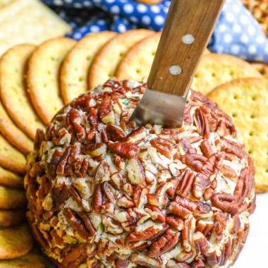 pecan coated basic cheeseball with a spreader sticking out the top surrounded by large crackers