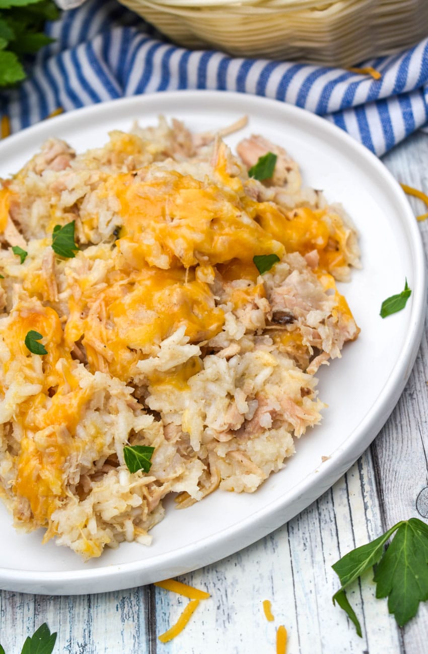 slow cooker pork and rice on a white dinner plate