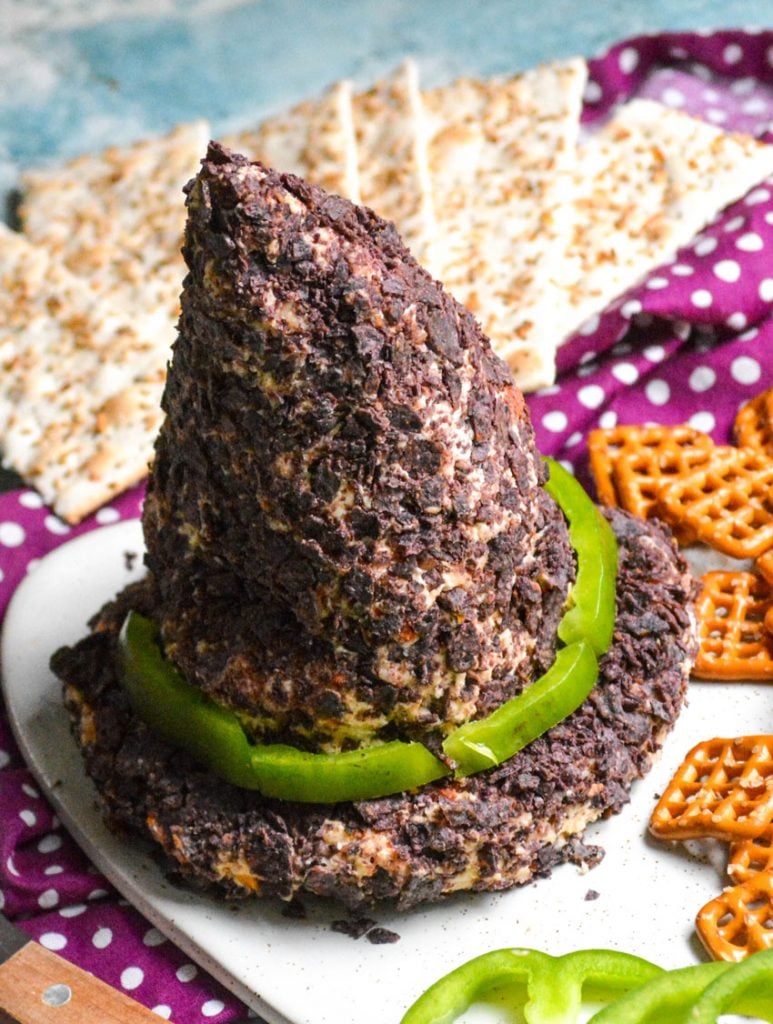 witch hat cheese ball with a green pepper ring