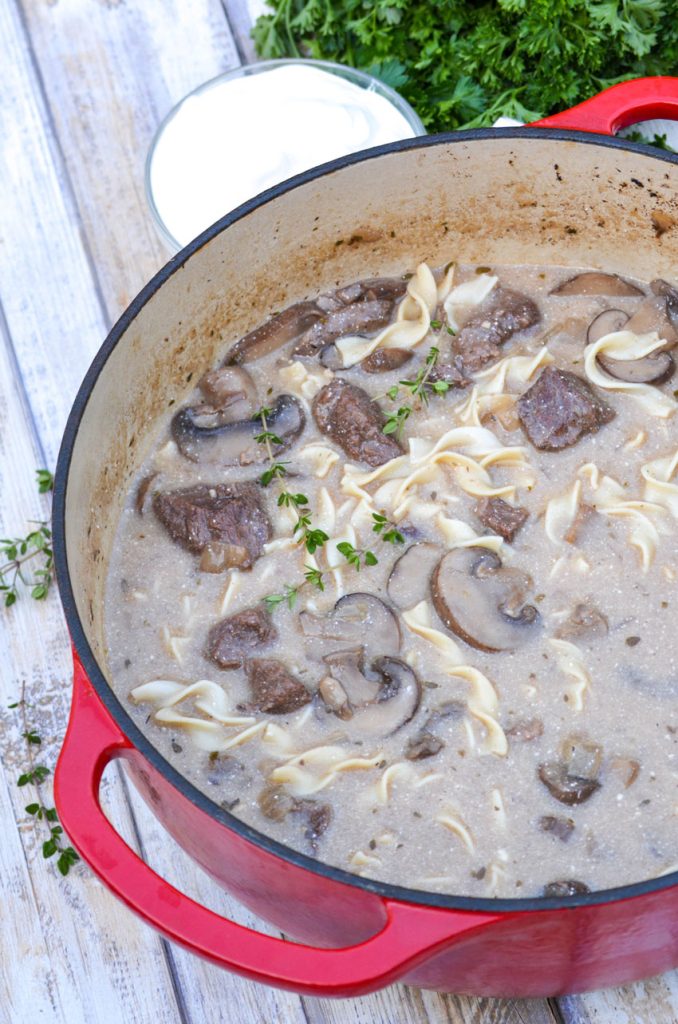 beef stroganoff soup with egg noodles in a large red Dutch oven
