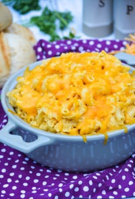 slow cooker macaroni & cheese in a gray bowl with a melted cheese topping