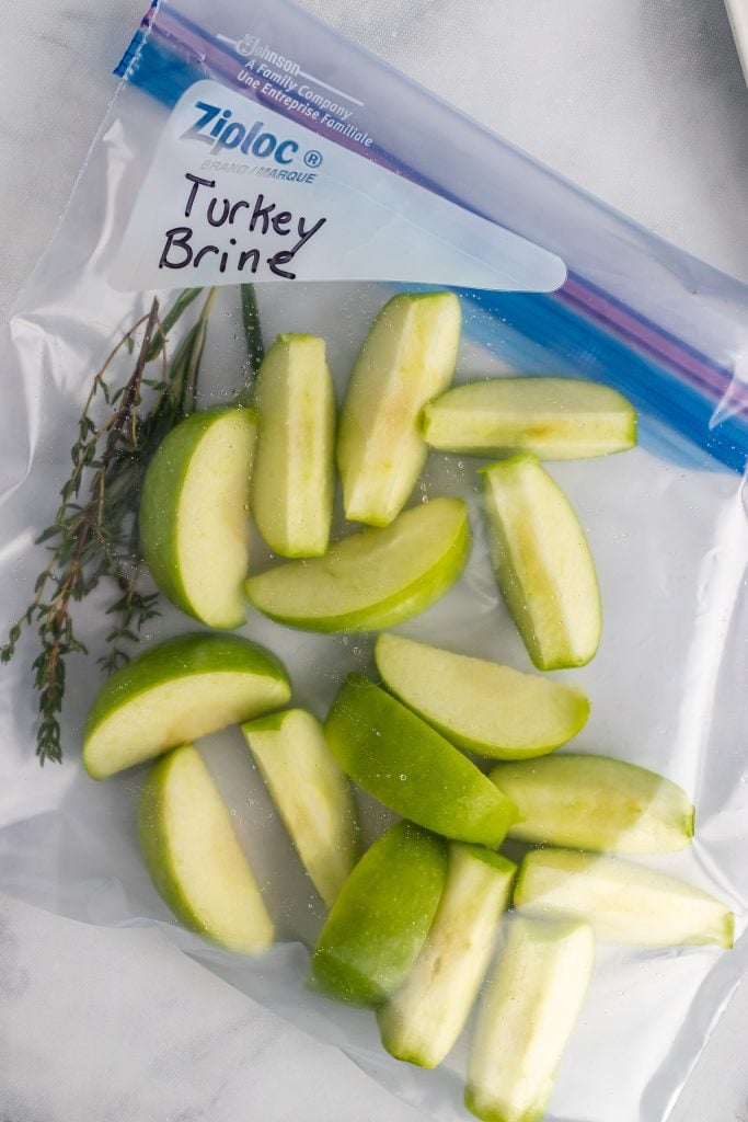 ingredients from turkey brine recipe all in a sealed, labeled large ziplocking plastic bag