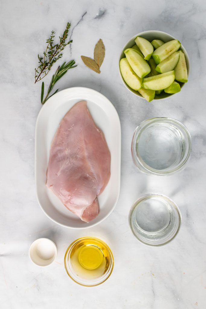 an overhead shot showing the ingredients needed to make brine for a single turkey breast