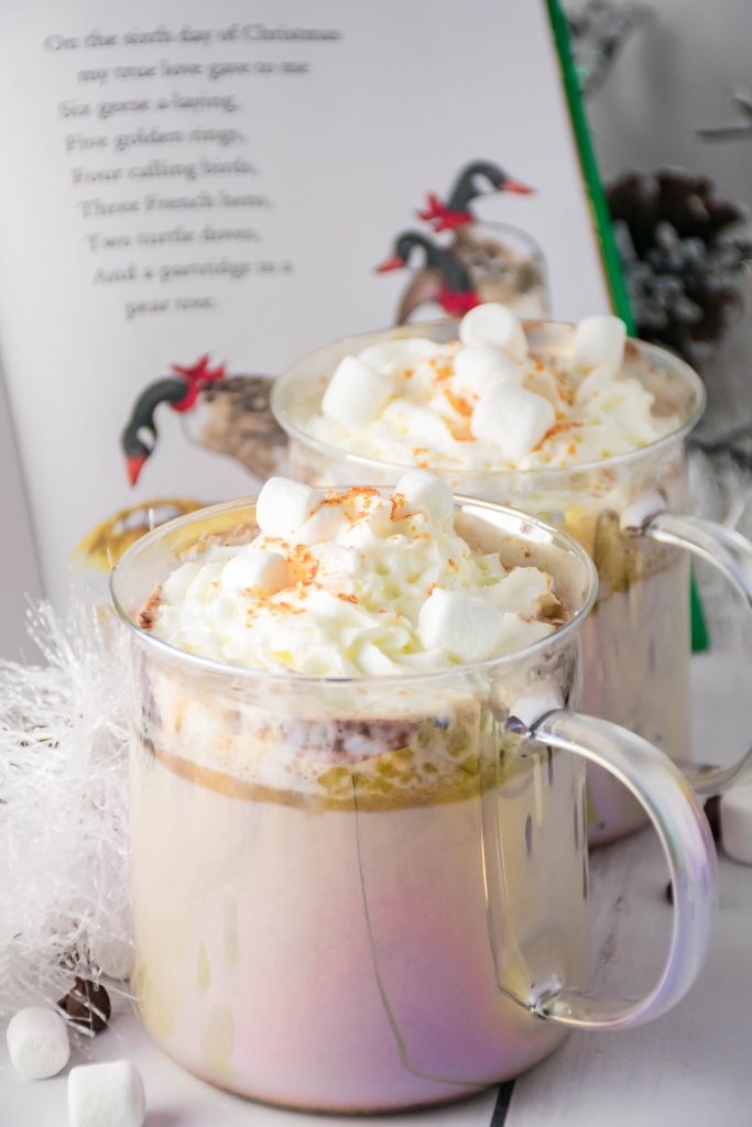 two glass mugs filled with eggnog hot cocoa in front of a Christmas book