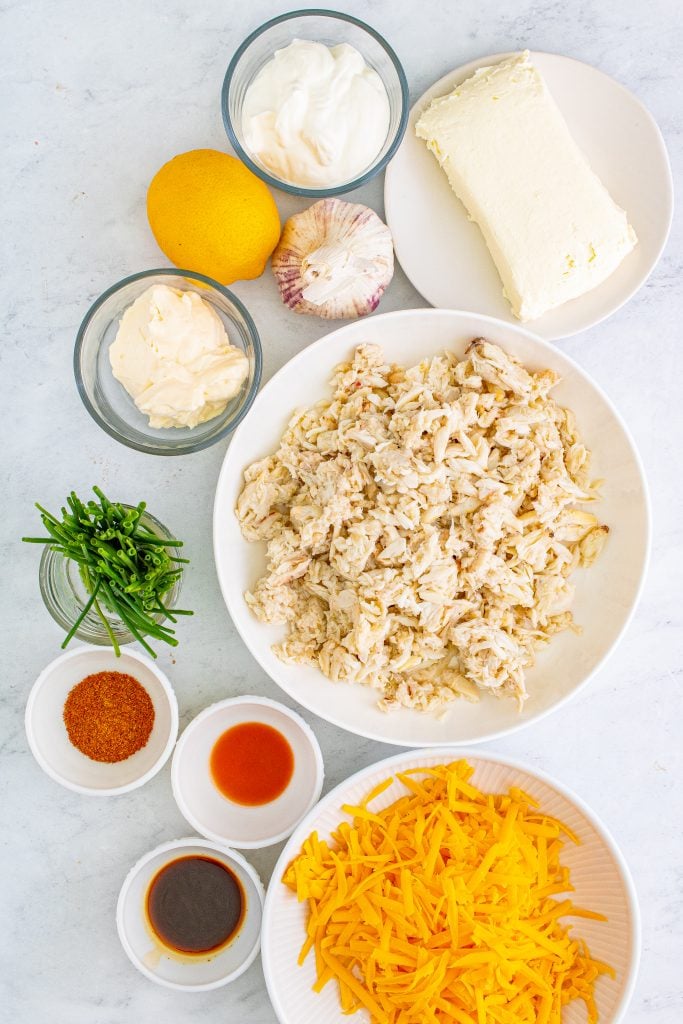 an overhead image showing all of the ingredients needed to make smoked crab dip