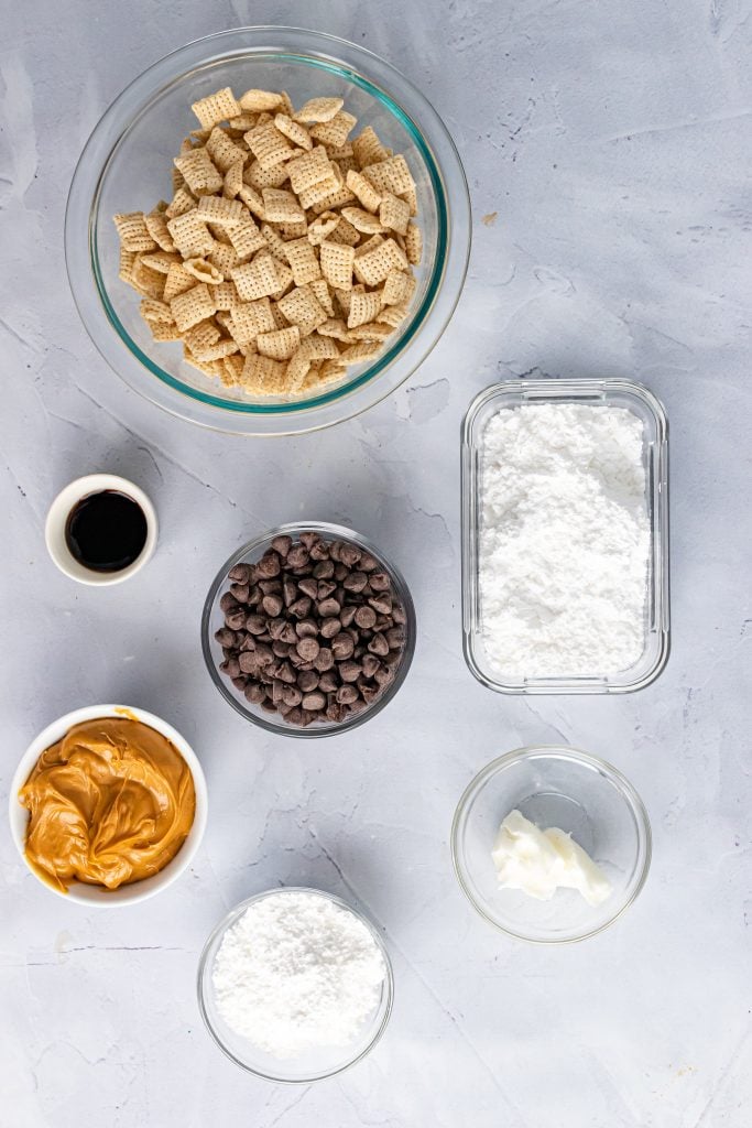 an overhead image showing the ingredients needed to make puppy chow truffles