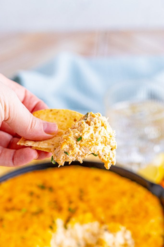 a hand holding up a tortilla chip topped with smoked crab dip