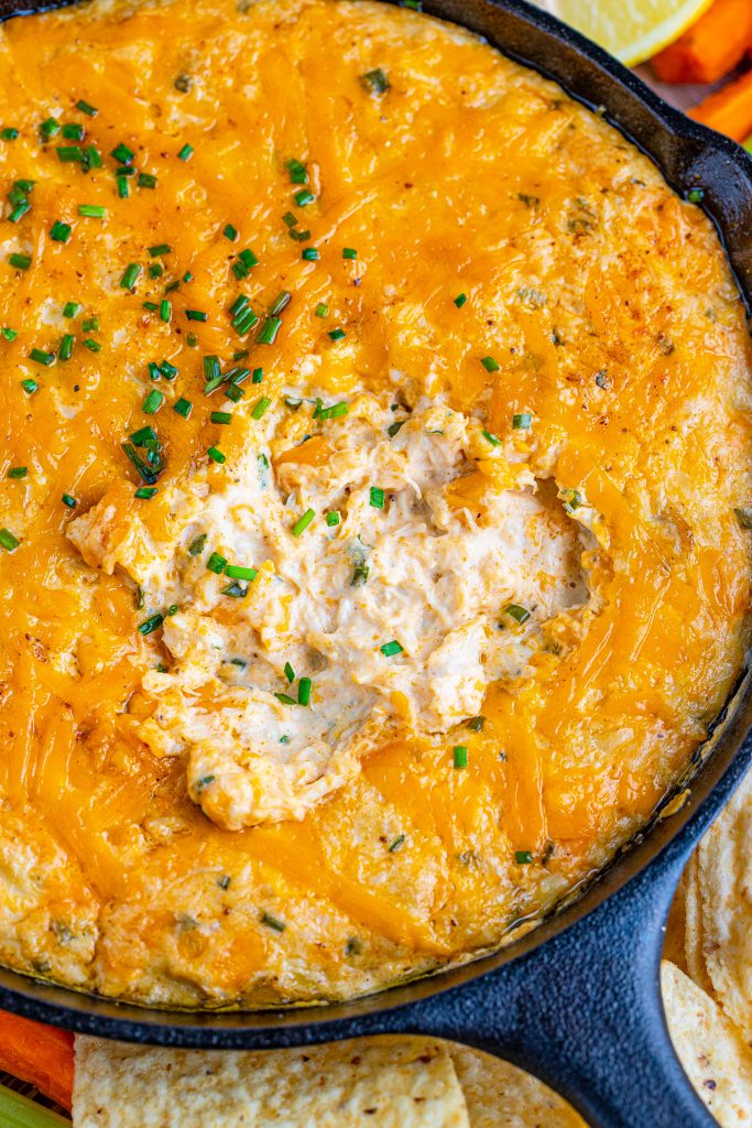 smoked crab dip in a black cast iron skillet