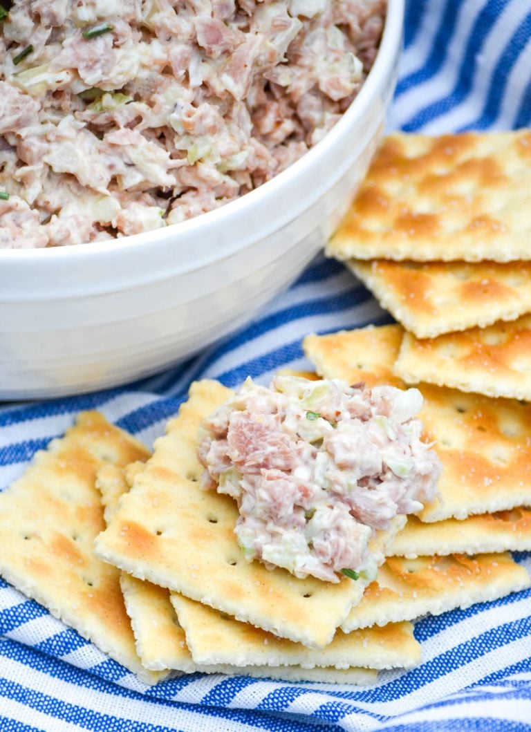 deviled ham salad on a saltine cracker