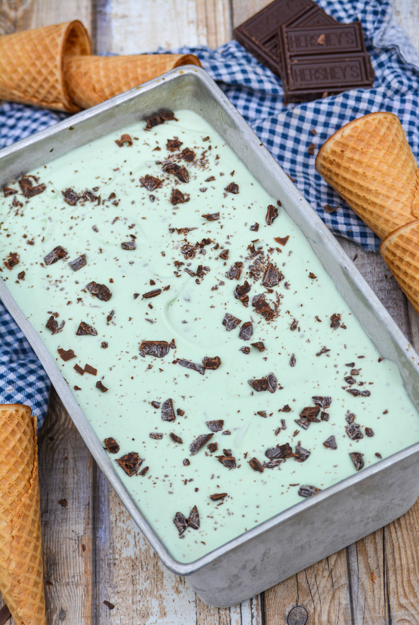 light green no churn mint chocolate chip ice cream flecked with chocolate pieces in a metal loaf pan