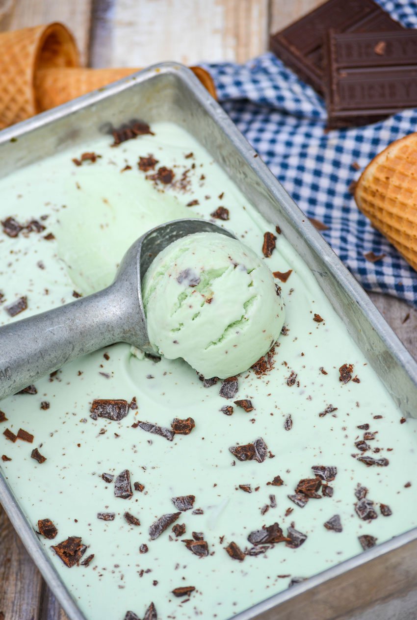 a silver ice cream scoop scooping mint chip ice cream in a metal loaf pan