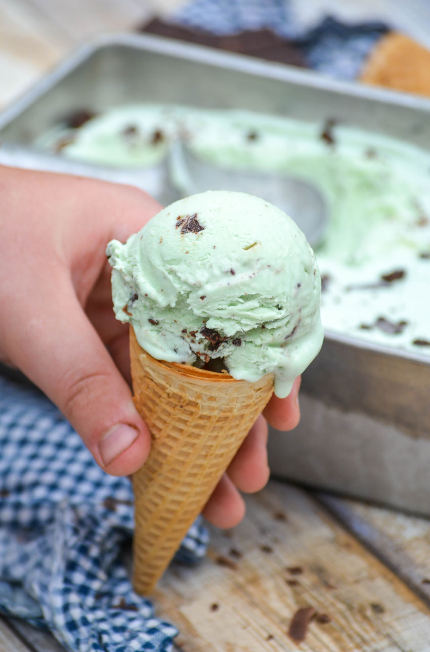 a hand holding a sugar coned topped with a scoop of no churn mint chocolate chip ice cream