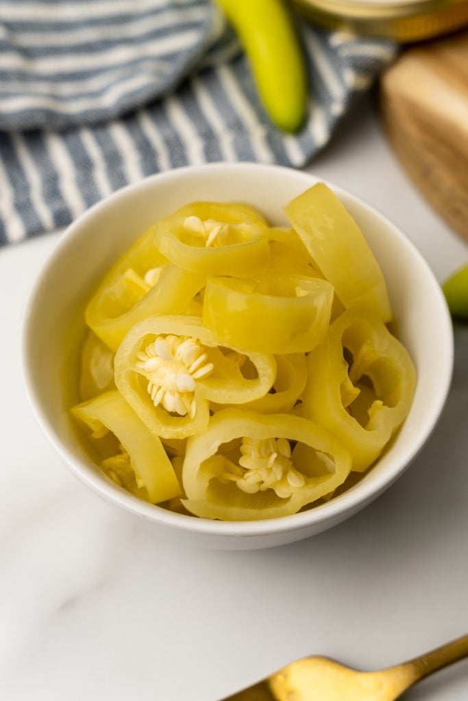pickled banana pepper rings in a small white bowl