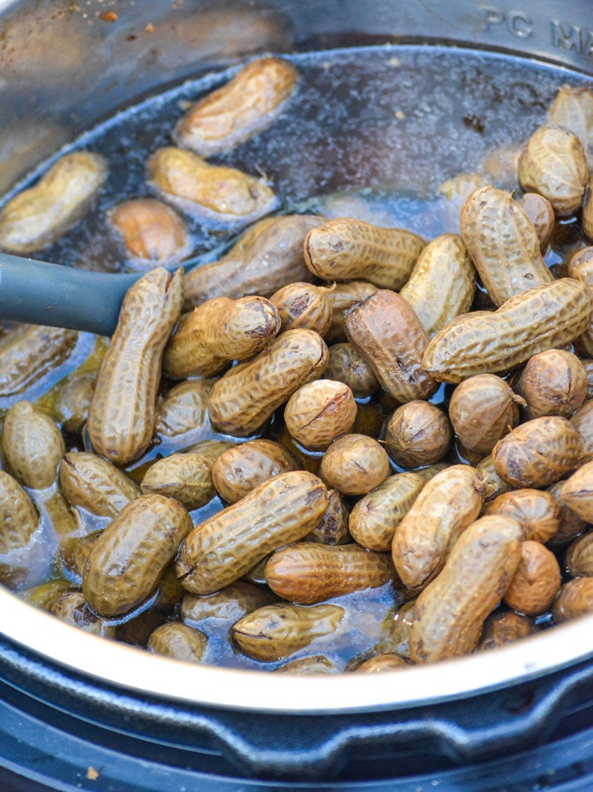 a spoon in pressure cooker filled with boiled peanuts in liquid