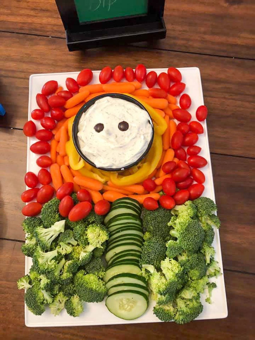super mario fire flower veggie tray on a white platter