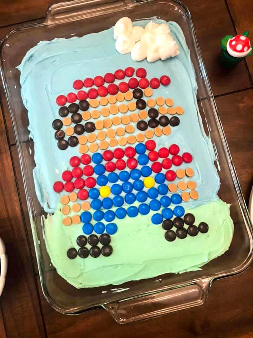 super mario 8 bit cake made in a 9x13 inch baking dish