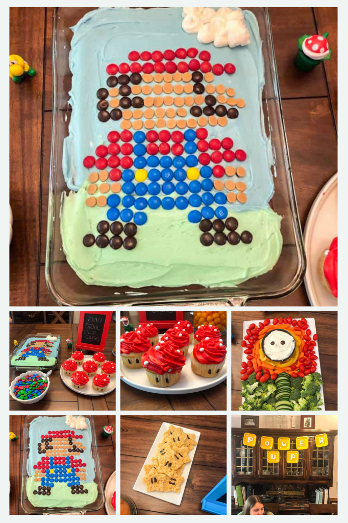 a collage of images from a super mario themed birthday party