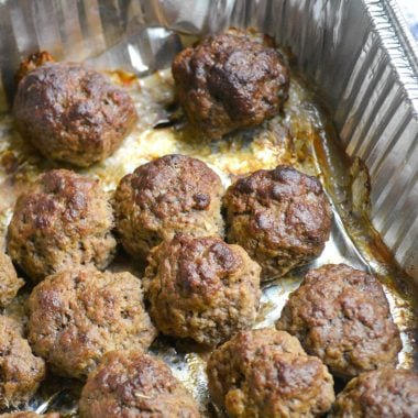 smoked meatballs in a disposable aluminum tray