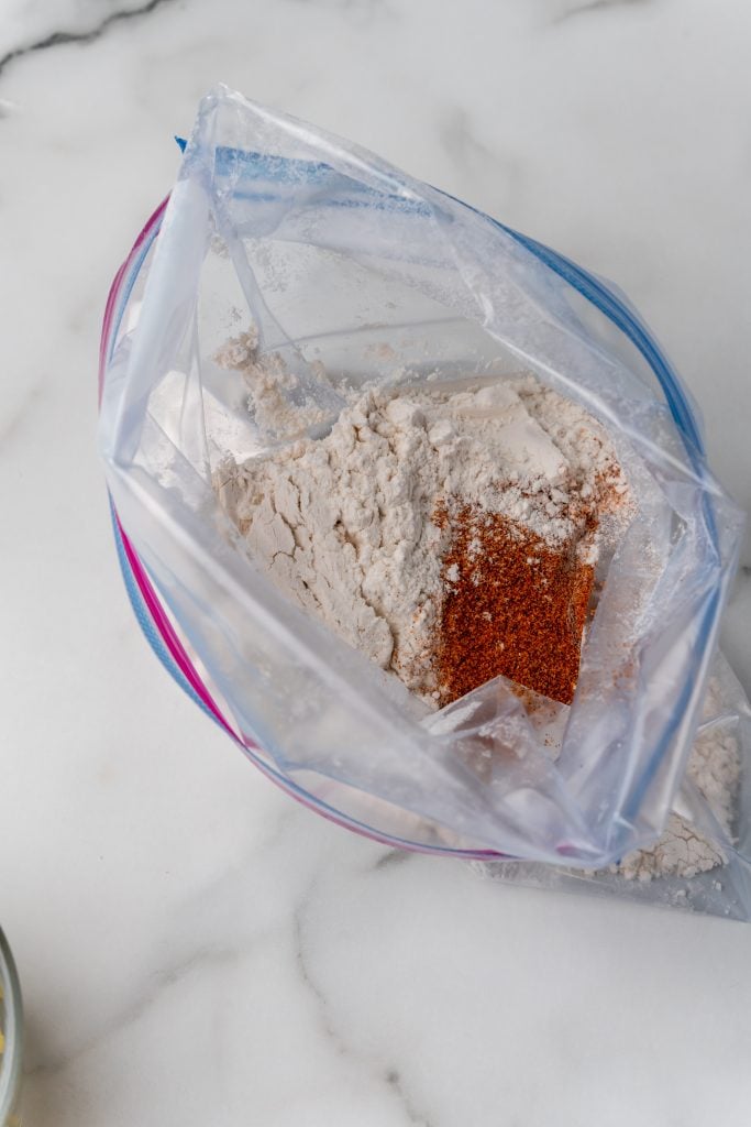 flour and seasoned salt in a large ziplocking bag