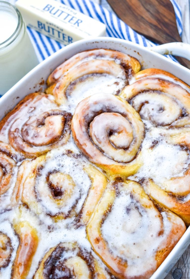 tiktok cinnamon rolls in a white baking dish