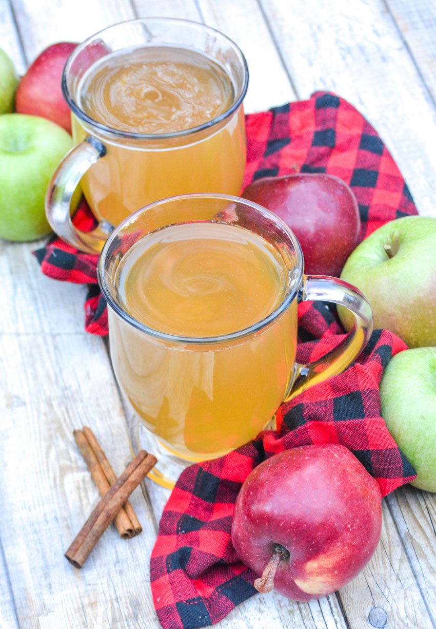 slow cooker apple cider served in two clear glasses 