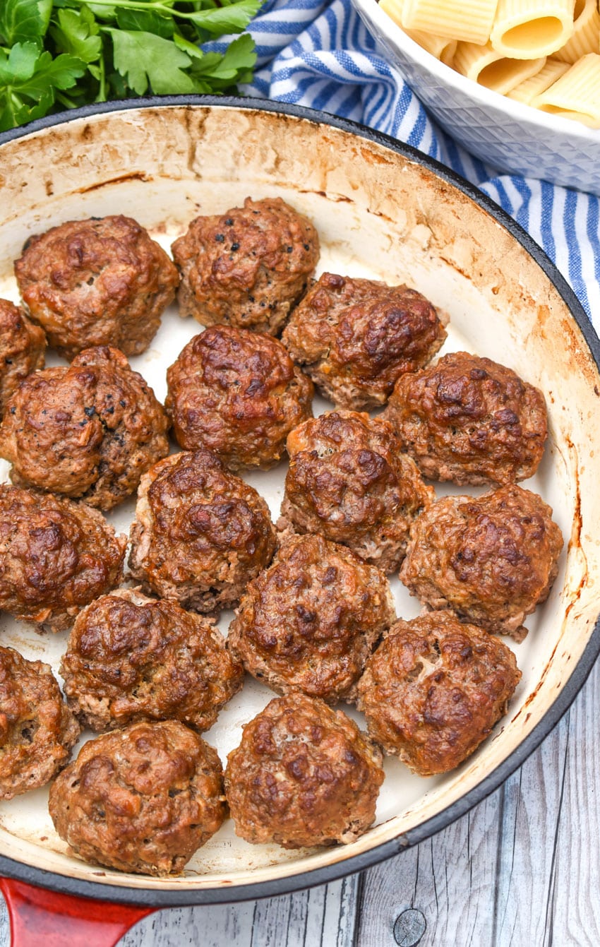 smoked meatballs in a cast iron skillet