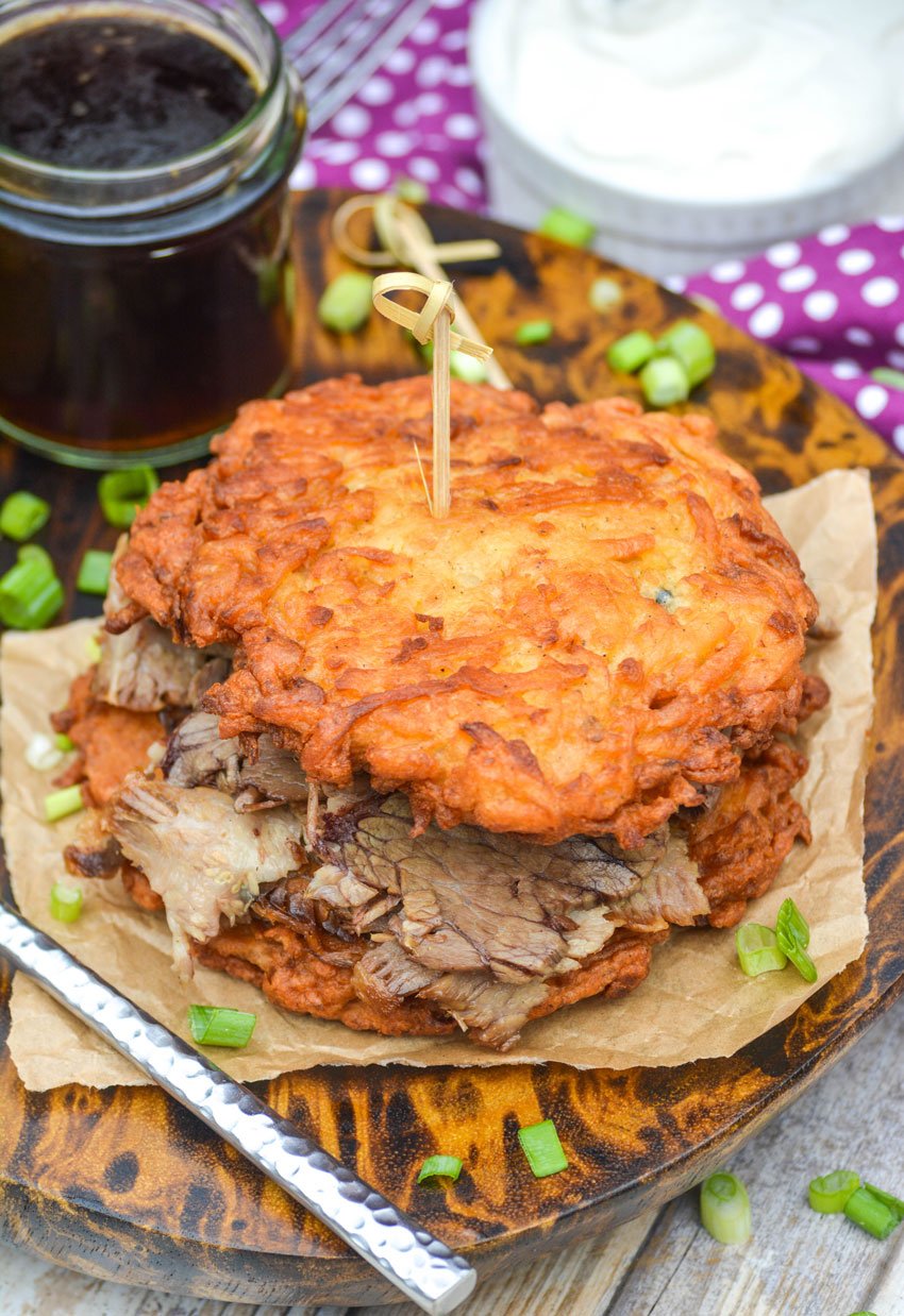easy potato latke sandwich filled with thinly sliced pieces of beef brisket