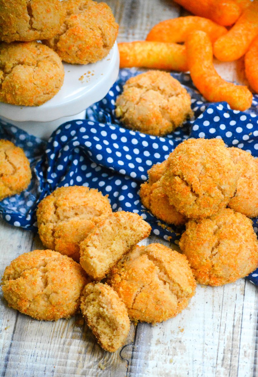 cheetos cookies on a blue cloth napkin