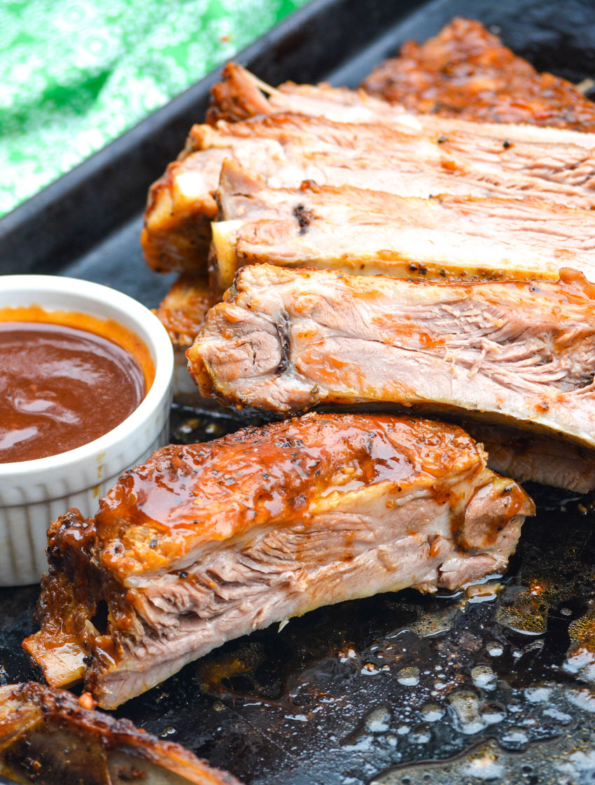 easy instant pot barbecue ribs on a metal baking sheet