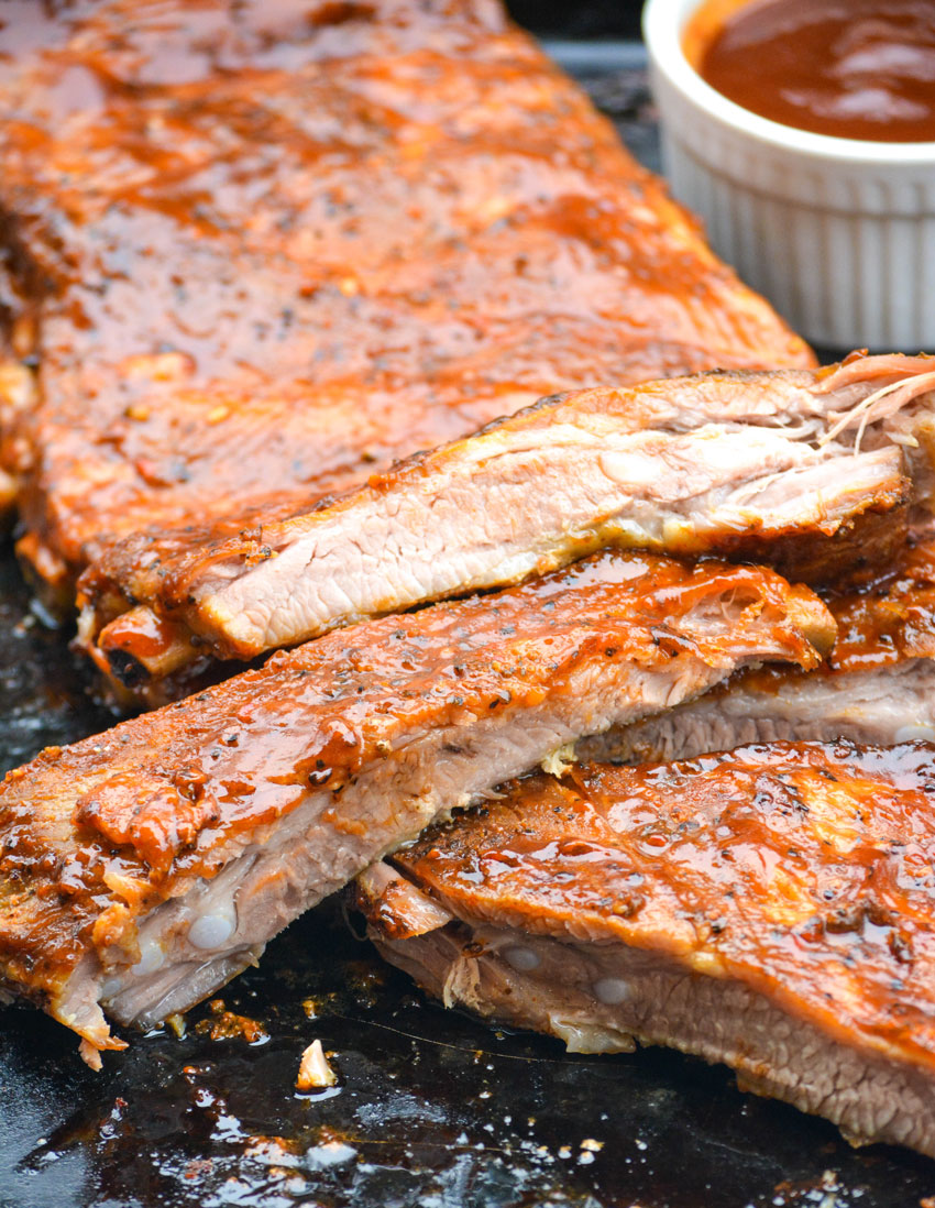 easy instant pot barbecue ribs on a metal baking sheet
