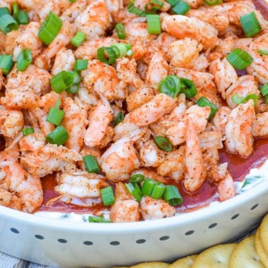 shrimp cocktail dip sprinkled with thinly sliced green onion with crackers on the side