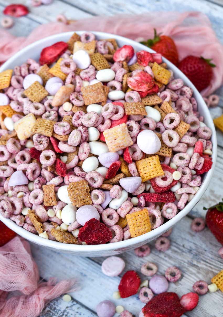 tiktok strawberry trail mix in a large white bowl